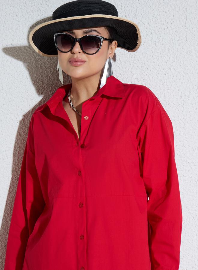 SASSAFRAS Red Poplin Buttoned Shirt Maxi Dress - Image 4