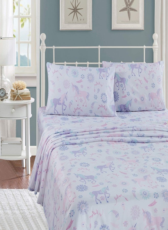 Linen Plus Sheet Set Kids/Teens Unicorn Floral Flowers White Purple Lavender Light Pink Aqua New # White Unicorn (Twin) - Image 2