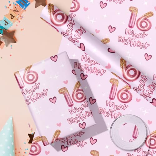 RUSPEPA 16th Wrapping Paper Birthday Girl Sweet Hearts and Pink Number 16 Balloons Happy Birthday Design 16 Years Old Mini Roll 17 Inches x 164 Feet Perfect for Girls Party Gifts - Image 3