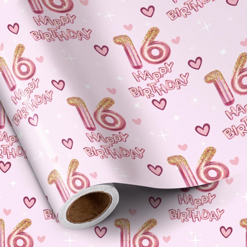 RUSPEPA 16th Wrapping Paper Birthday Girl Sweet Hearts and Pink Number 16 Balloons Happy Birthday Design 16 Years Old Mini Roll 17 Inches x 164 Feet Perfect for Girls Party Gifts - Image 2