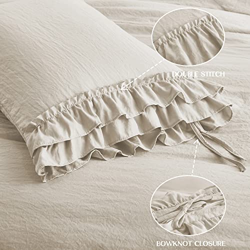 Hi -G HIG 3 Piece Farmhouse Ruffled Duvet Cover Set Queen, Camel Vintage Duvet Cover with 2 Rows of Handmade Ruffle, Solid Washed Microfiber Bedding Cover for Bedroom - 1 Duvet Cover, 2 Shams (HANS) - Image 3