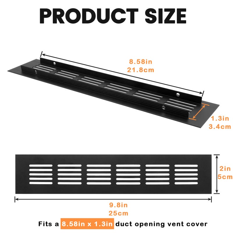 Geesatis Air Vent Covers for Floor, Cabinet, Wall, Ceiling â€“ Heavy Duty Rust-Proof Aluminum Grille with Screws, 2 Pack, Black (9.8'' x 2" Outer Size, Fits 8.58'' x 1.3" Duct Openings) - Image 2