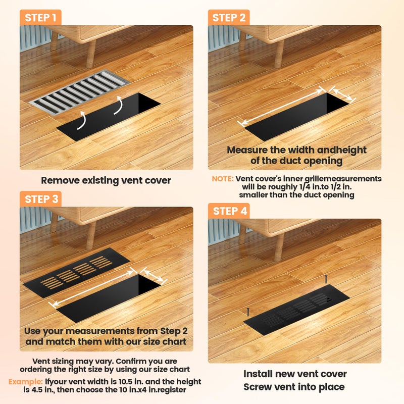 Geesatis Air Vent Covers for Floor, Cabinet, Wall, Ceiling â€“ Heavy Duty Rust-Proof Aluminum Grille with Screws, 2 Pack, Black (9.8'' x 2" Outer Size, Fits 8.58'' x 1.3" Duct Openings) - Image 5