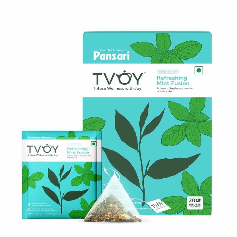 TVOY Moroccan Mint Green Tea | Organic Pyramid Tea Bags | 20 Biodegradable Non-Carcinogenic Pyramid Bags | Refreshing Herbal Blend with Pure Moroccan Mint | Antioxidant-Rich & Stress-Relieving Drink - Image 1