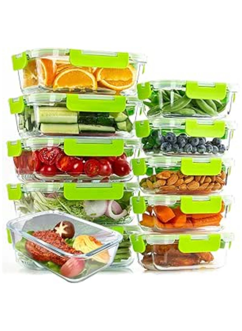 TYCOM Glass Meal Prep Containers (10 pcs Rectangle) - Glass Food Storage Containers with Lids, Glass Lunch Box, Portion Control, Airtight, Glass Bento Box Lunch Containers- 10P Rectangle Green  - Image 1