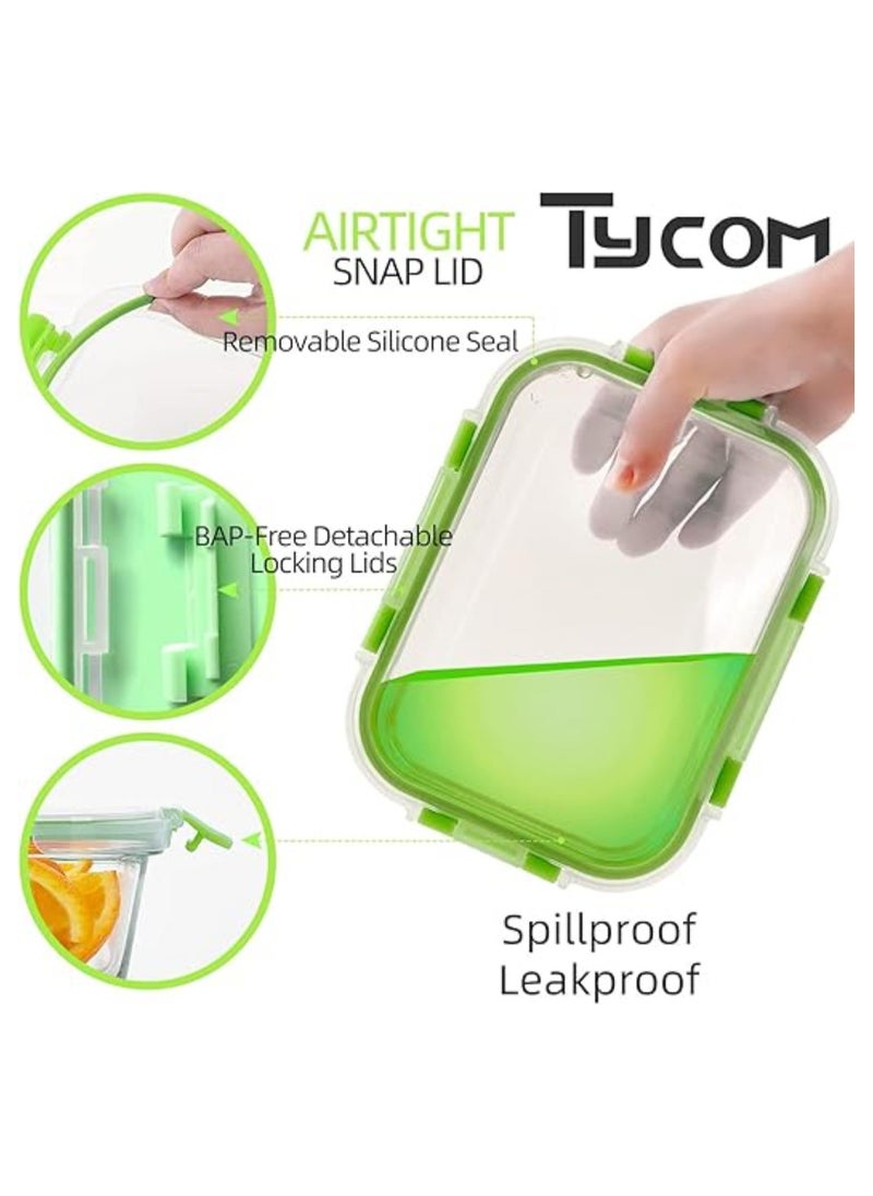 TYCOM Glass Meal Prep Containers (10 pcs Rectangle) - Glass Food Storage Containers with Lids, Glass Lunch Box, Portion Control, Airtight, Glass Bento Box Lunch Containers- 10P Rectangle Green  - Image 2