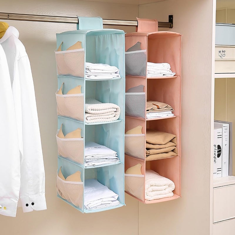 wolpin Pack of 1 Closet Hanging Organizer 4 Shelves with Mesh Pockets for Wardrobe Cloth Organizer Collapsible Washable Blue Fabric - Image 1