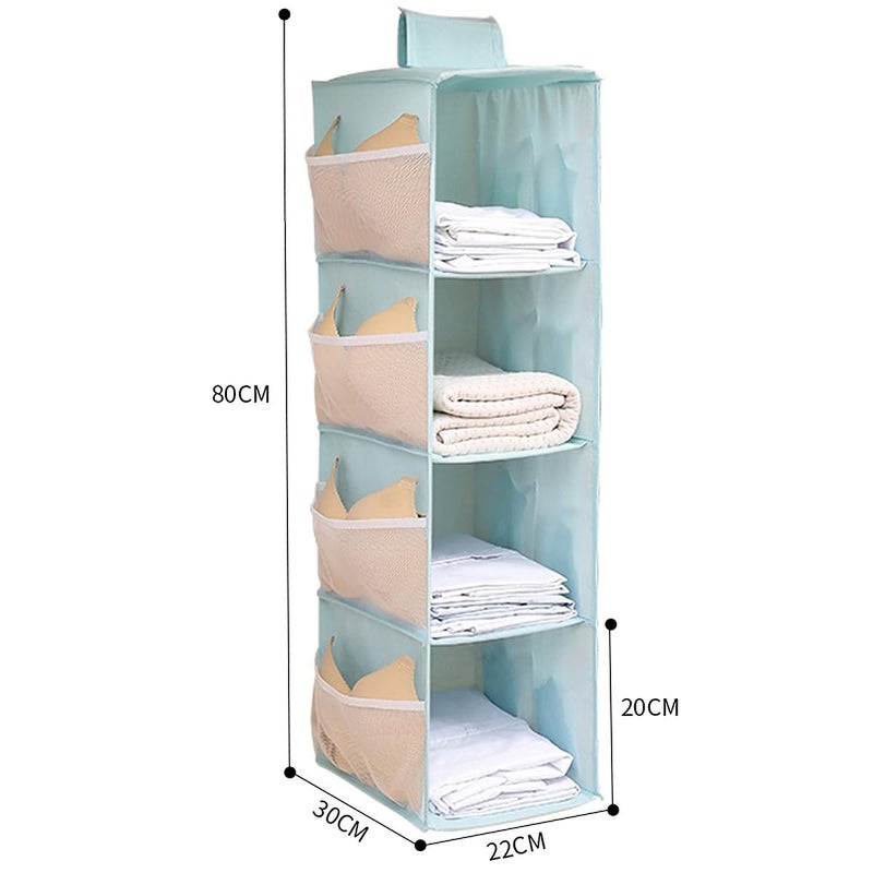 wolpin Pack of 1 Closet Hanging Organizer 4 Shelves with Mesh Pockets for Wardrobe Cloth Organizer Collapsible Washable Blue Fabric - Image 2