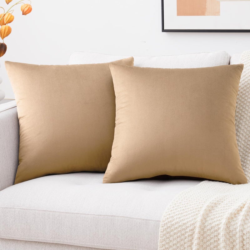 Mixhug Set of 2 Cozy Velvet Square Decorative Throw Pillow Covers for Couch and Bed Tan 18 x 18 Inches