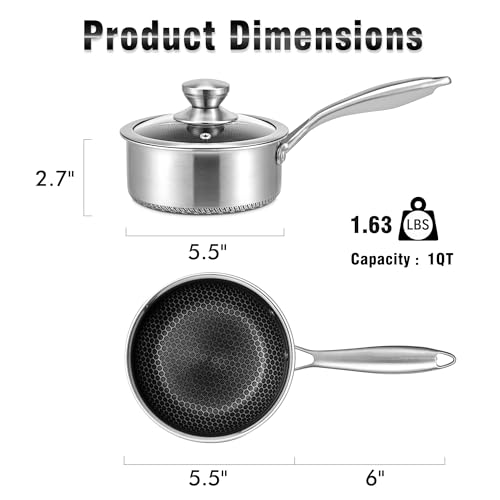 AuFranc™ Hybrid Nonstick 1 Quart Stainless Steel Saucepan with Glass Lid, Induction Sauce Pan with Honeycomb Carving, Non-stick Sauce Pot Compatible with All Cooktops, Dishwasher Safe, Non-Toxic - Image 2