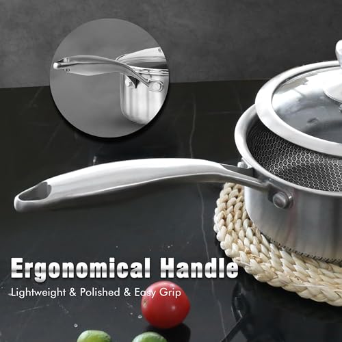 AuFranc™ Hybrid Nonstick 1 Quart Stainless Steel Saucepan with Glass Lid, Induction Sauce Pan with Honeycomb Carving, Non-stick Sauce Pot Compatible with All Cooktops, Dishwasher Safe, Non-Toxic - Image 5