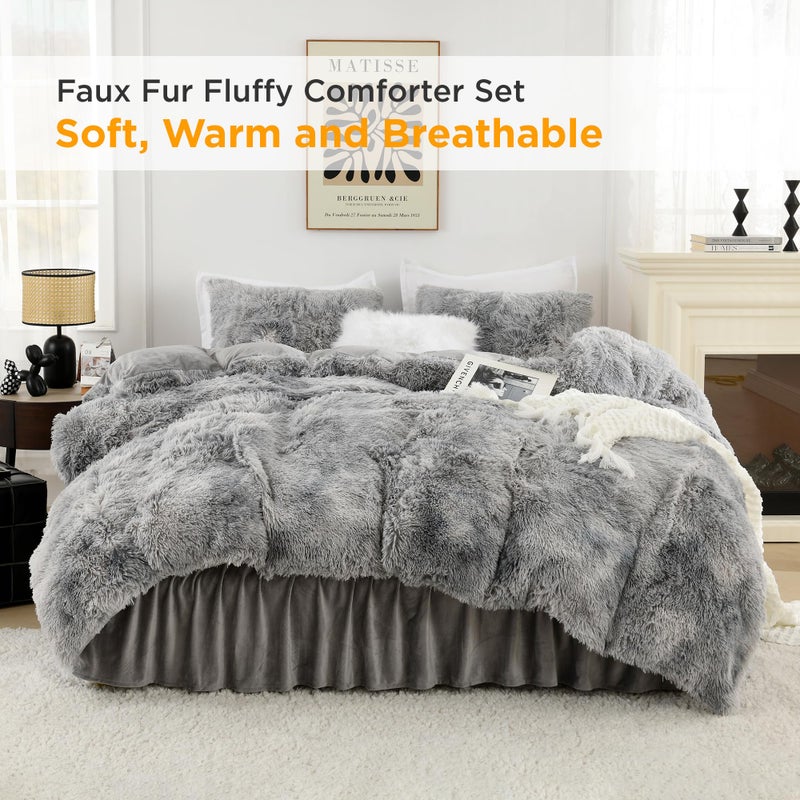 Litanika Litanika Tie-Dyed Grey White Fluffy Comforter Queen Size  Luxury Plush Faux Fur Bedding  Ultra Soft Velvet Fuzzy Bed Set 3 Pieces(1 Shaggy Comforter  2 Pillowcases)  - Image 4