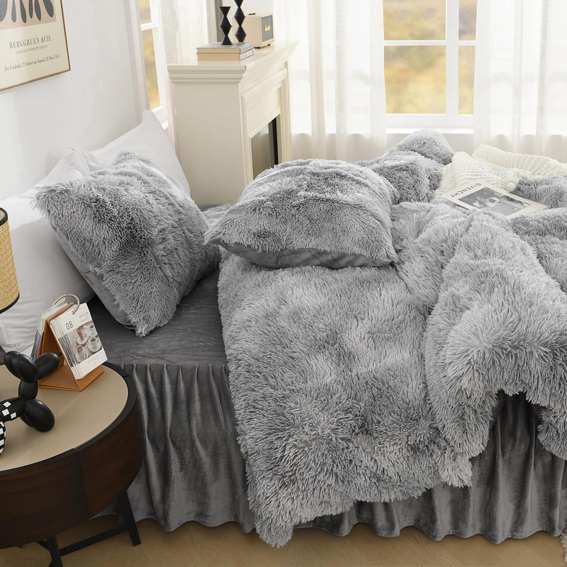 Litanika Litanika Tie-Dyed Grey White Fluffy Comforter Queen Size  Luxury Plush Faux Fur Bedding  Ultra Soft Velvet Fuzzy Bed Set 3 Pieces(1 Shaggy Comforter  2 Pillowcases)  - Image 5