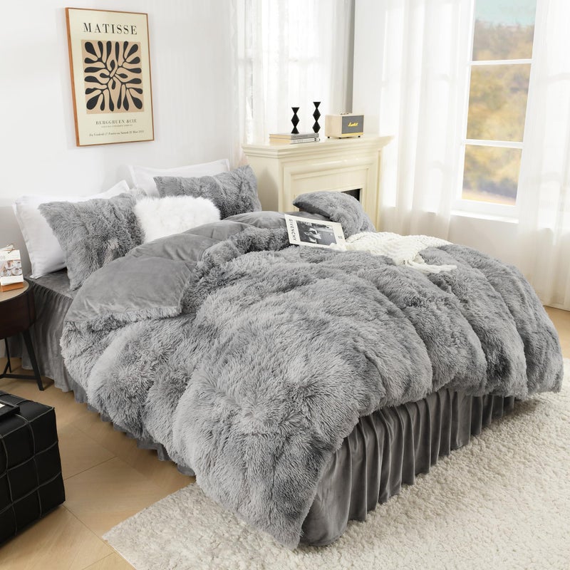 Litanika Litanika Tie-Dyed Grey White Fluffy Comforter Queen Size  Luxury Plush Faux Fur Bedding  Ultra Soft Velvet Fuzzy Bed Set 3 Pieces(1 Shaggy Comforter  2 Pillowcases)  - Image 2