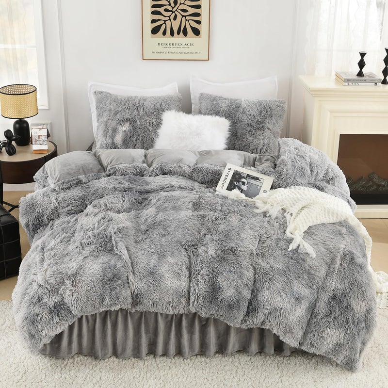 Litanika Litanika Tie-Dyed Grey White Fluffy Comforter Queen Size  Luxury Plush Faux Fur Bedding  Ultra Soft Velvet Fuzzy Bed Set 3 Pieces(1 Shaggy Comforter  2 Pillowcases)  - Image 1