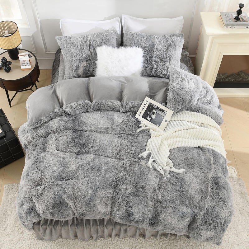 Litanika Litanika Tie-Dyed Grey White Fluffy Comforter Queen Size  Luxury Plush Faux Fur Bedding  Ultra Soft Velvet Fuzzy Bed Set 3 Pieces(1 Shaggy Comforter  2 Pillowcases)  - Image 3