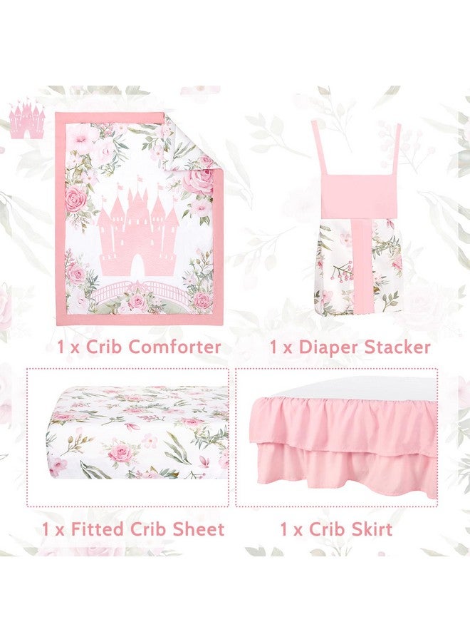 TANOFAR 4-Piece Crib Bedding Set for Baby Girls, Floral Castle Nursery Bedding Set Includes Comforter, Fitted Crib Sheet, Crib Skirt, and Diaper Stacker, Pink - Image 4