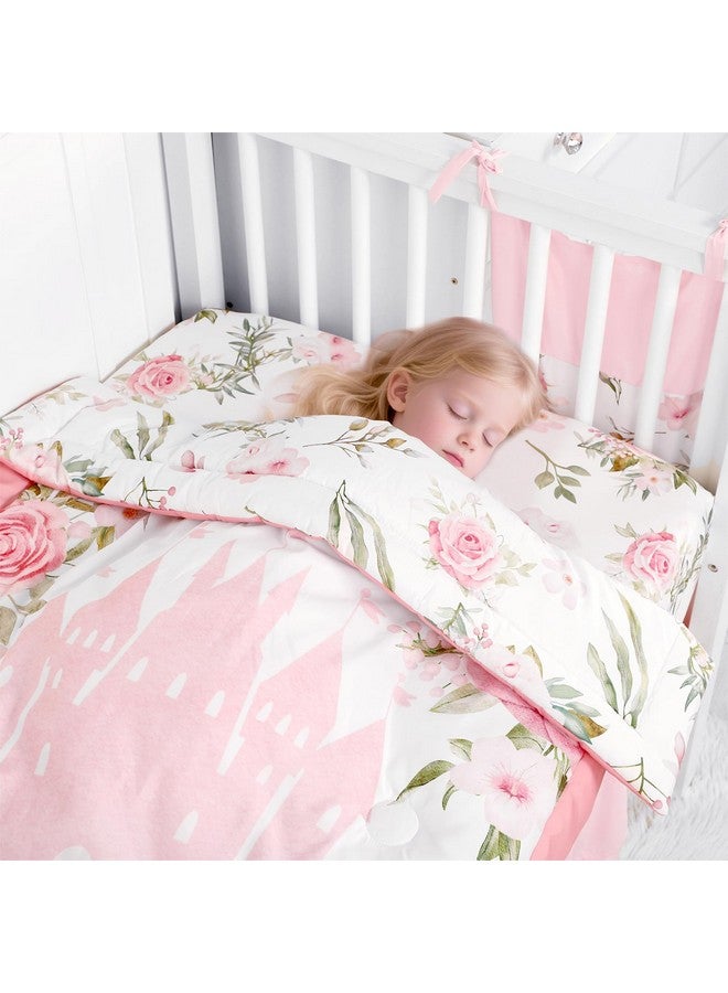 TANOFAR 4-Piece Crib Bedding Set for Baby Girls, Floral Castle Nursery Bedding Set Includes Comforter, Fitted Crib Sheet, Crib Skirt, and Diaper Stacker, Pink - Image 3