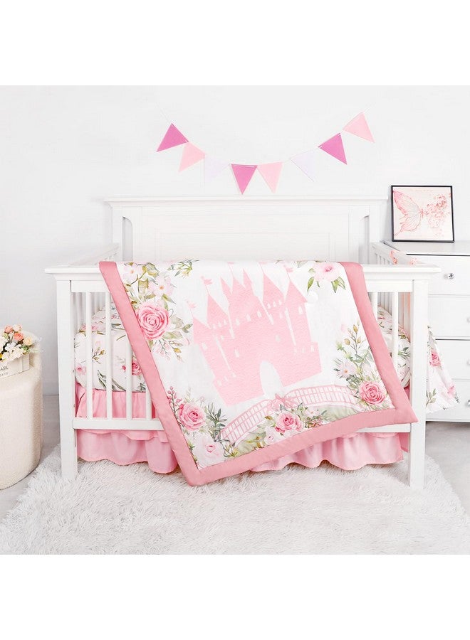 TANOFAR 4-Piece Crib Bedding Set for Baby Girls, Floral Castle Nursery Bedding Set Includes Comforter, Fitted Crib Sheet, Crib Skirt, and Diaper Stacker, Pink - Image 1