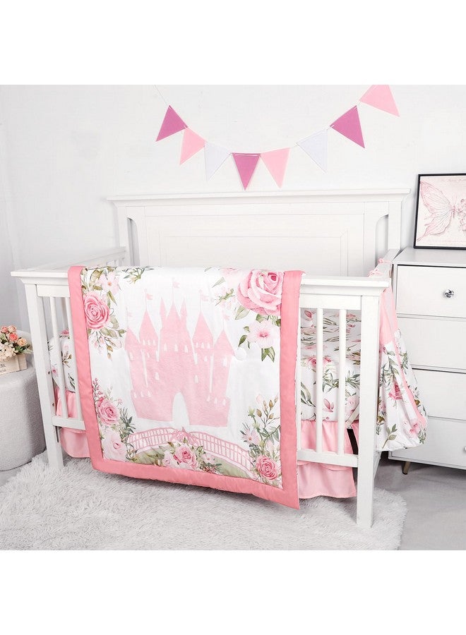 TANOFAR 4-Piece Crib Bedding Set for Baby Girls, Floral Castle Nursery Bedding Set Includes Comforter, Fitted Crib Sheet, Crib Skirt, and Diaper Stacker, Pink - Image 2