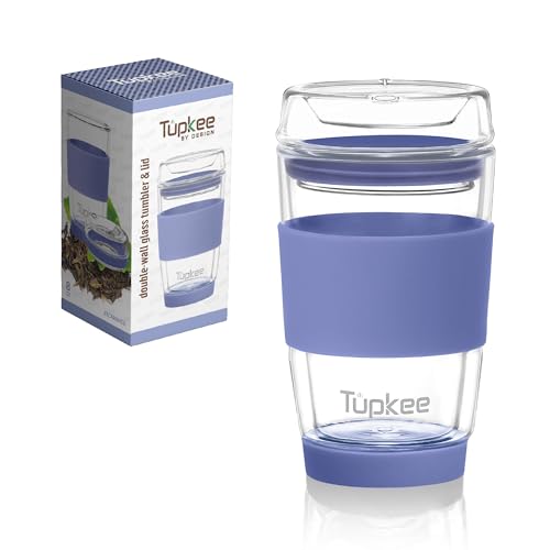 Tupkee Double Wall Glass Tumbler - 8-Ounce, All Glass Hand Blown Reusable Insulated Tea/Coffee Mug & Lid, Travel Mug - Jacaranda - Image 1