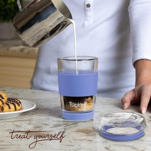 Tupkee Double Wall Glass Tumbler - 8-Ounce, All Glass Hand Blown Reusable Insulated Tea/Coffee Mug & Lid, Travel Mug - Jacaranda - Image 3