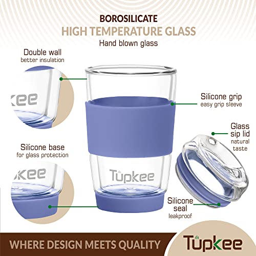 Tupkee Double Wall Glass Tumbler - 8-Ounce, All Glass Hand Blown Reusable Insulated Tea/Coffee Mug & Lid, Travel Mug - Jacaranda - Image 2