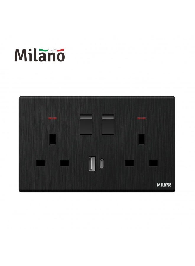 Milano Aura 13A Dual Socket With Neon & Usb Type A+C - Brushed Black Finish Durable Fire Retardant Pc Material/Silver Point Red Copper Electrical Switch Home Electronic Accessories - 17.2X9X4Cm