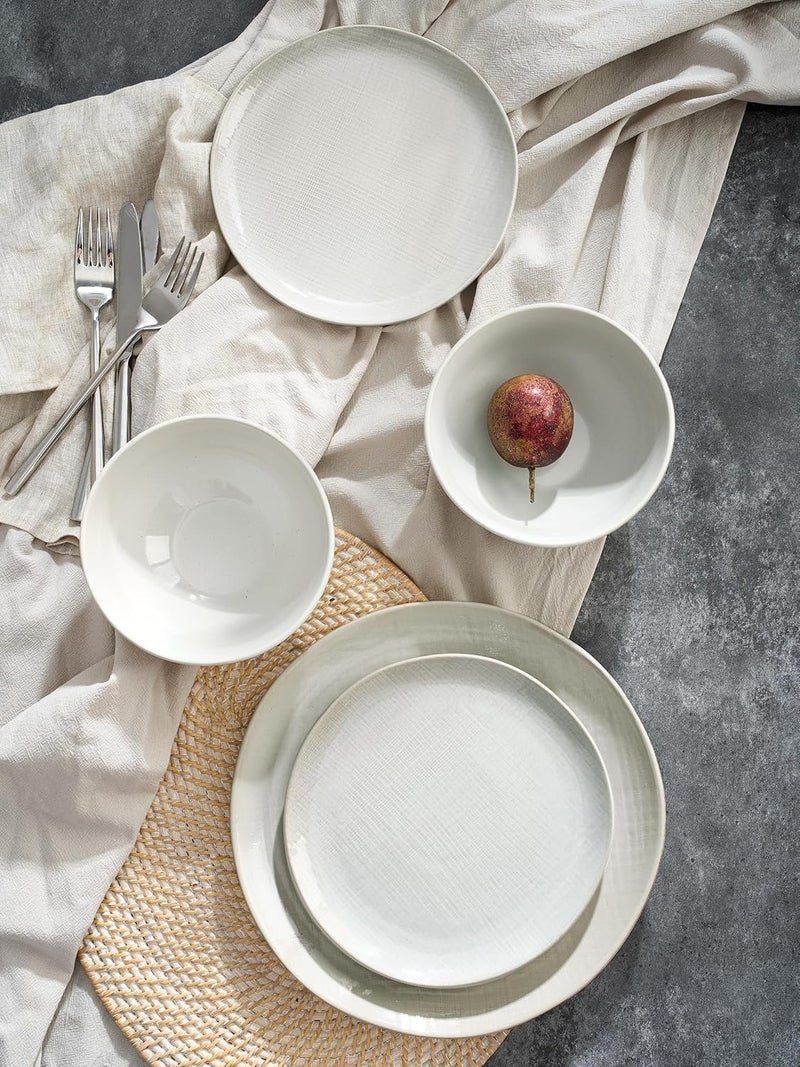 Famiware Famiware Moonlight Plates and Bowls Sets 12 Pieces Stoneware Dinnerware Sets with Linen Finish Handmade Dishware Set for 4 Microwave and Dishwasher Safe Chip and Scratch Resistant White  - Image 2