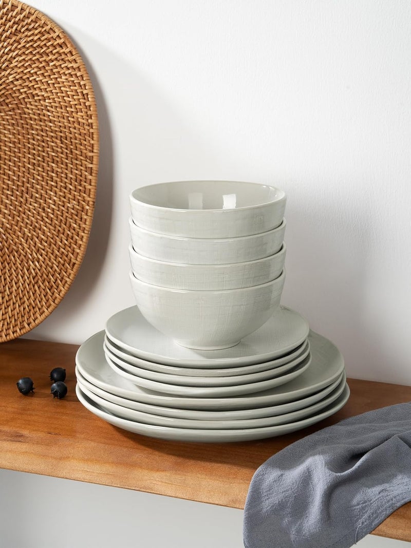 Famiware Famiware Moonlight Plates and Bowls Sets 12 Pieces Stoneware Dinnerware Sets with Linen Finish Handmade Dishware Set for 4 Microwave and Dishwasher Safe Chip and Scratch Resistant White  - Image 4