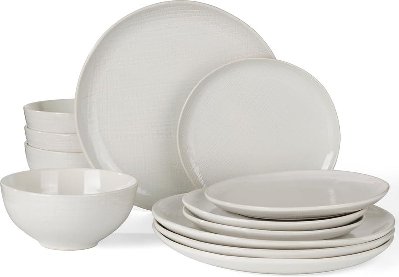 Famiware Famiware Moonlight Plates and Bowls Sets 12 Pieces Stoneware Dinnerware Sets with Linen Finish Handmade Dishware Set for 4 Microwave and Dishwasher Safe Chip and Scratch Resistant White  - Image 1