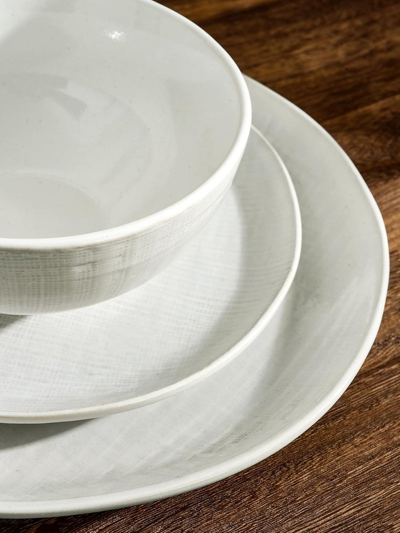 Famiware Famiware Moonlight Plates and Bowls Sets 12 Pieces Stoneware Dinnerware Sets with Linen Finish Handmade Dishware Set for 4 Microwave and Dishwasher Safe Chip and Scratch Resistant White  - Image 3