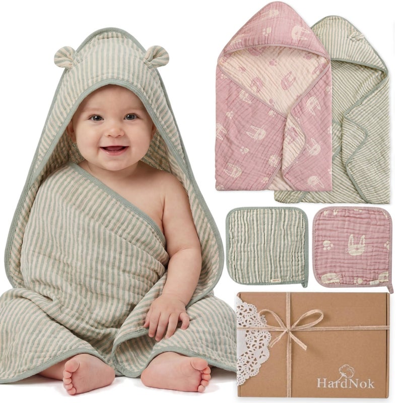 HardNok 4-Piece Muslin Baby Towel Set - Made with Organic Cotton, (2) 6-Layer Bath Towels 32x32 & (2) Washcloths, Absorbent Bath & Beach (Blush Pink Bunny & Sage Green Stripe) - Image 1