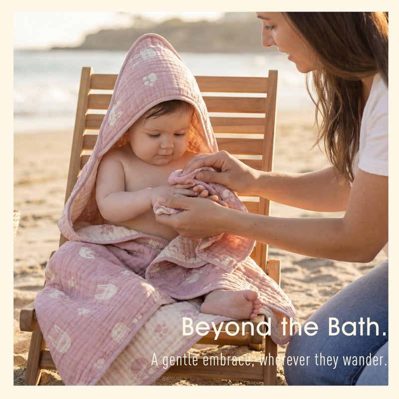 HardNok 4-Piece Muslin Baby Towel Set - Made with Organic Cotton, (2) 6-Layer Bath Towels 32x32 & (2) Washcloths, Absorbent Bath & Beach (Blush Pink Bunny & Sage Green Stripe) - Image 5