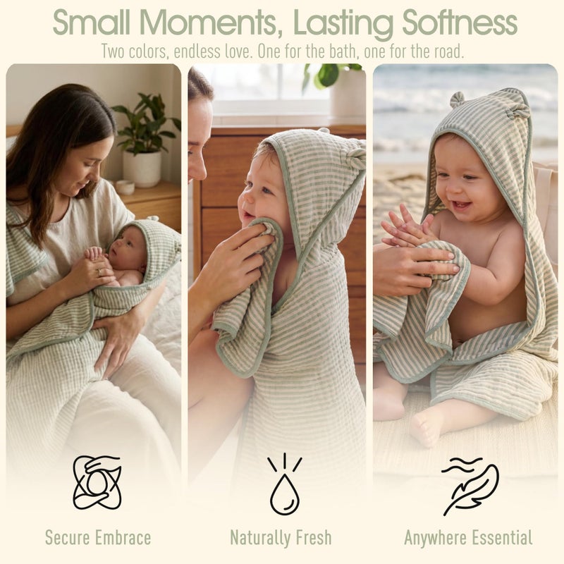 HardNok 4-Piece Muslin Baby Towel Set - Made with Organic Cotton, (2) 6-Layer Bath Towels 32x32 & (2) Washcloths, Absorbent Bath & Beach (Blush Pink Bunny & Sage Green Stripe) - Image 4