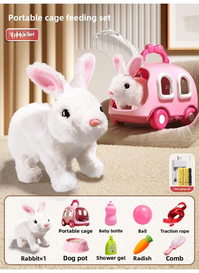 Children's Electric Simulation Bunny Plush Toy Girl Pet White Rabbit Doll Girl Birthday Gift-Color:Little White Rabbit Feeding Set [pet Cage] + Charging  - Image 1