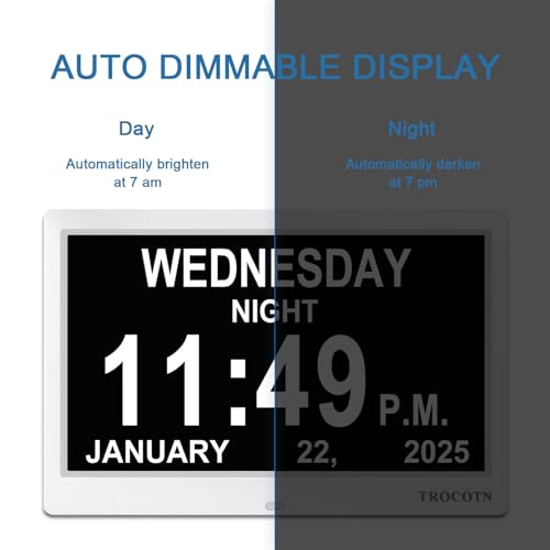 TROCOTN Dementia Clocks, Large Display Calendar Alarm Clock with Auto DST for Seniors, 5 Display Modes Large Font Digital Clock with Custom Alarms Day Date Clocks.(10 Inch White) - Image 5