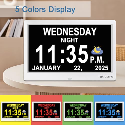 TROCOTN Dementia Clocks, Large Display Calendar Alarm Clock with Auto DST for Seniors, 5 Display Modes Large Font Digital Clock with Custom Alarms Day Date Clocks.(10 Inch White) - Image 4