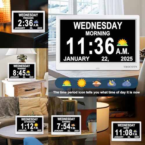 TROCOTN Dementia Clocks, Large Display Calendar Alarm Clock with Auto DST for Seniors, 5 Display Modes Large Font Digital Clock with Custom Alarms Day Date Clocks.(10 Inch White) - Image 3