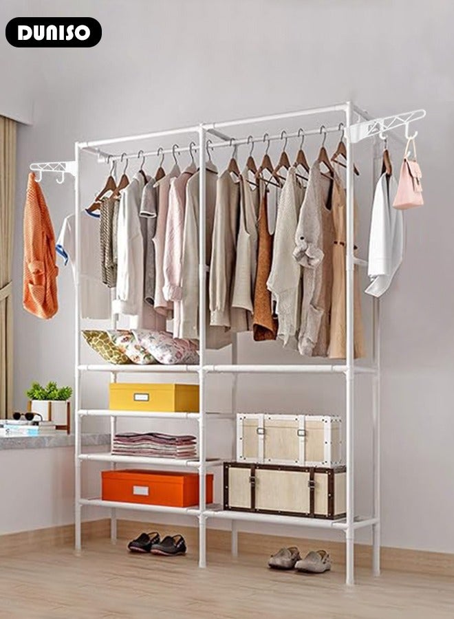 DUNISO 5 Tier Heavy Duty Clothes Rack Clothes Rail Closet Storage Garment Rack Mutifunctional Floor Cabinet Portable Wardrobe with Hanging Rods Freestanding Closet Organizer With 4 Hooks for Bedroom  - Image 5