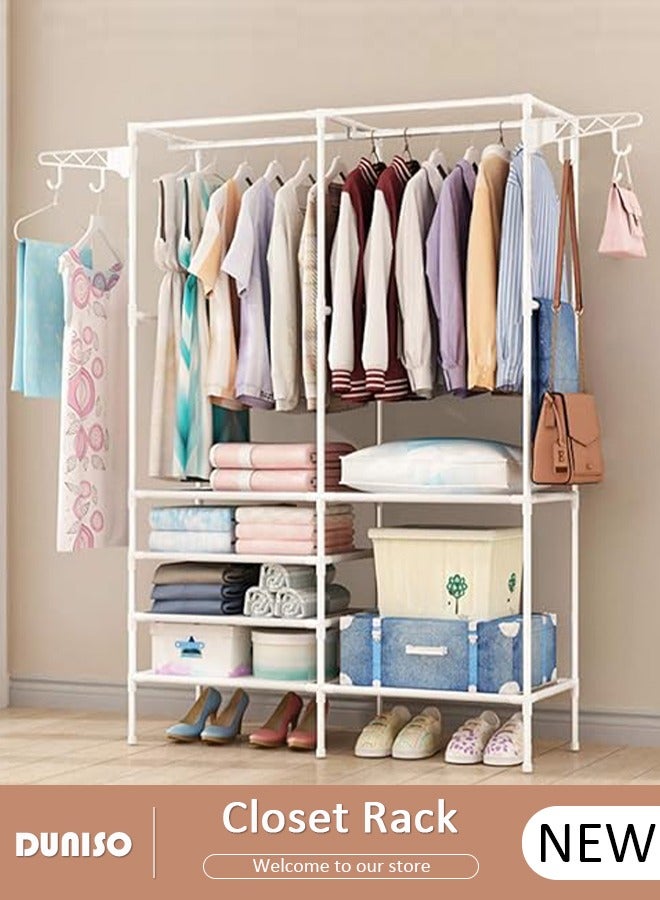 DUNISO 5 Tier Heavy Duty Clothes Rack Clothes Rail Closet Storage Garment Rack Mutifunctional Floor Cabinet Portable Wardrobe with Hanging Rods Freestanding Closet Organizer With 4 Hooks for Bedroom  - Image 1