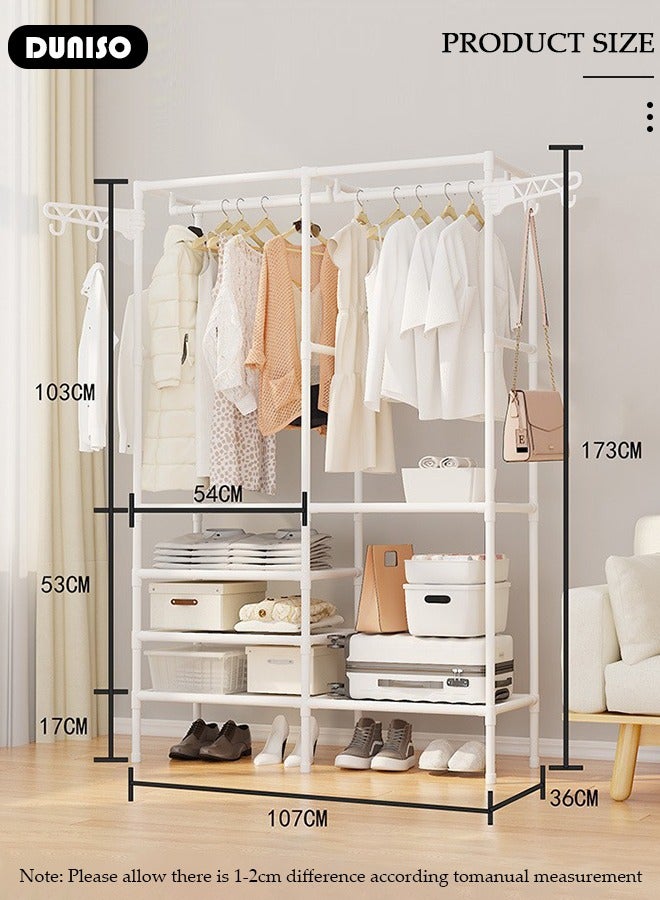 DUNISO 5 Tier Heavy Duty Clothes Rack Clothes Rail Closet Storage Garment Rack Mutifunctional Floor Cabinet Portable Wardrobe with Hanging Rods Freestanding Closet Organizer With 4 Hooks for Bedroom  - Image 4