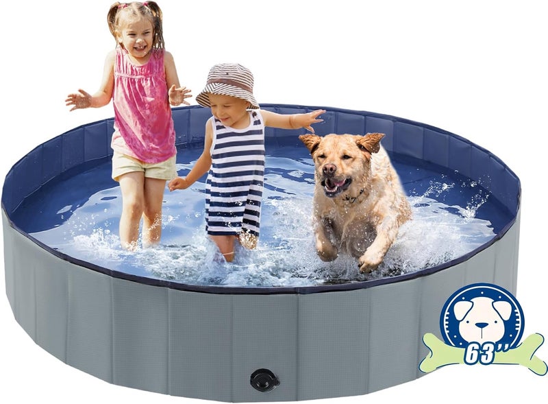 Eooqi Foldable Dog Bath Swimming Pool 63'' Plastic Kiddie Pool Professional Tub Collapsible Grooming Bathtub for Pets Kids Baby and Toddler, 63 x 12 Inches Gray - Image 1