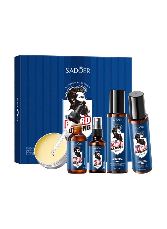 SADOER Beard Grooming Kit with Shampoo, Conditioner, Oil, Spray, & Balm – 5-Piece Set for Cleansing, Moisturizing, Styling Thick Beards – Natural Ingredients, Daily Care, Repair Damage, Enhance Growth - Image 1