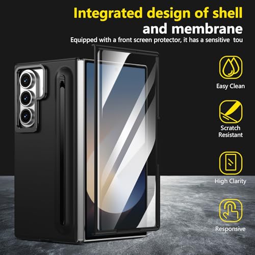 XIMAND for Samsung Galaxy Z Fold 7 Protect Case with Slim S Pen Slot & Capacitance Pen, Lens Stand and Bulit-in Screen Protection & Hinge Protection Full Body Drop Fall Protection(Black) - Image 4