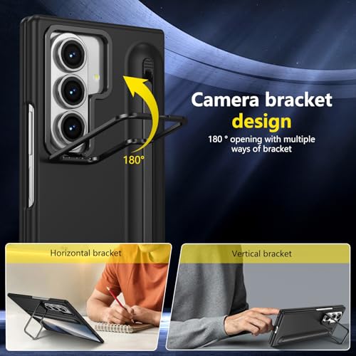 XIMAND for Samsung Galaxy Z Fold 7 Protect Case with Slim S Pen Slot & Capacitance Pen, Lens Stand and Bulit-in Screen Protection & Hinge Protection Full Body Drop Fall Protection(Black) - Image 3