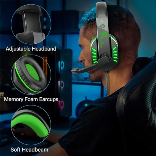 PunnkFunnk VenomHunt Gaming Headset Multi-Platform Compatible with PS4, Xbox One, PC, Nintendo Switch, Mobile, 50mm Surround Sound, Noise-Canceling Mic, LED Lights(Green) - Image 5