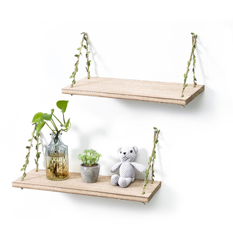 MITIME Leaf Rope Hanging Floating Shelves Wall Swing Storage Shelf for Home Decor17 2Pack Light Color