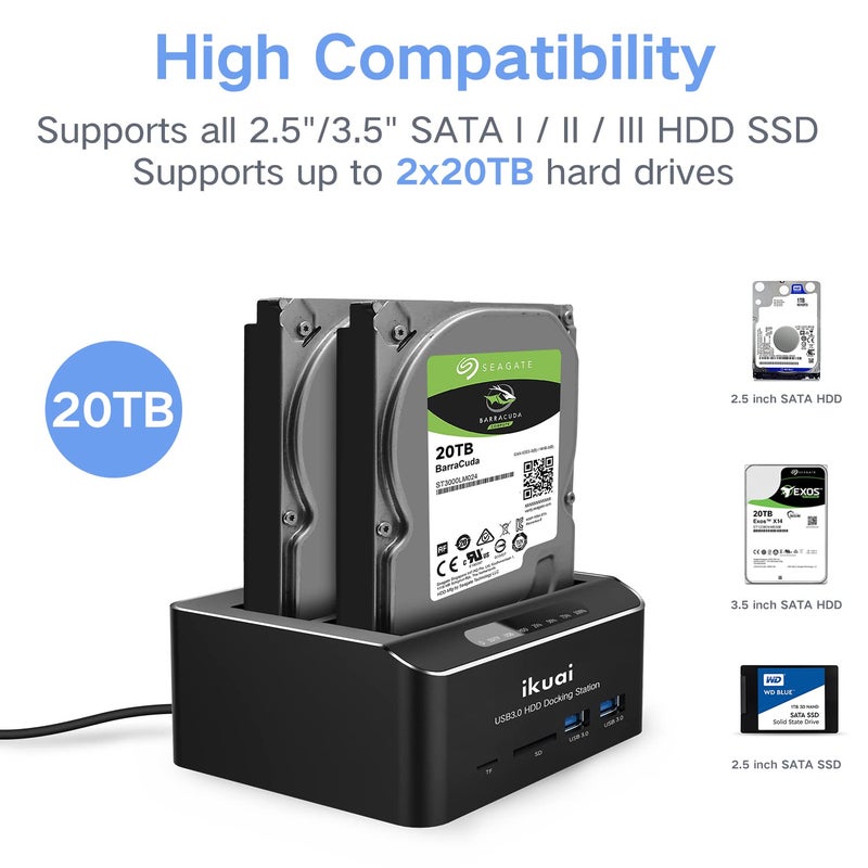 ikuai SATA to USB 3.0 Dual Bay Hard Drive Dock for 2.5"/3.5" SATA HDD SSD with Micro SD Card Reader 2 USB 3.0 Port, Offline Clone Function External Hard Drive Docking Station, 2X20TB and UASP Support - Image 3