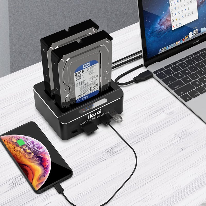 ikuai SATA to USB 3.0 Dual Bay Hard Drive Dock for 2.5"/3.5" SATA HDD SSD with Micro SD Card Reader 2 USB 3.0 Port, Offline Clone Function External Hard Drive Docking Station, 2X20TB and UASP Support - Image 5